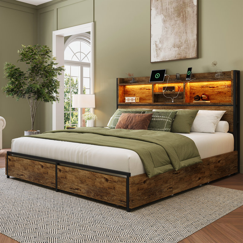 (Box 1/2) Bed Frame With 6 Storage Drawers And Headboard Wooden Platform Bed Frame With Led Lights And Charging Station