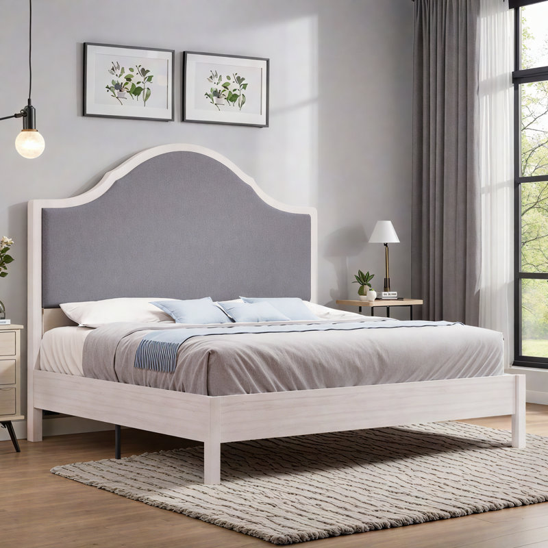 (Incomplete) Solid Wood Bed Frame with Upholstered Headboard, Modern Design, No Box Spring Needed