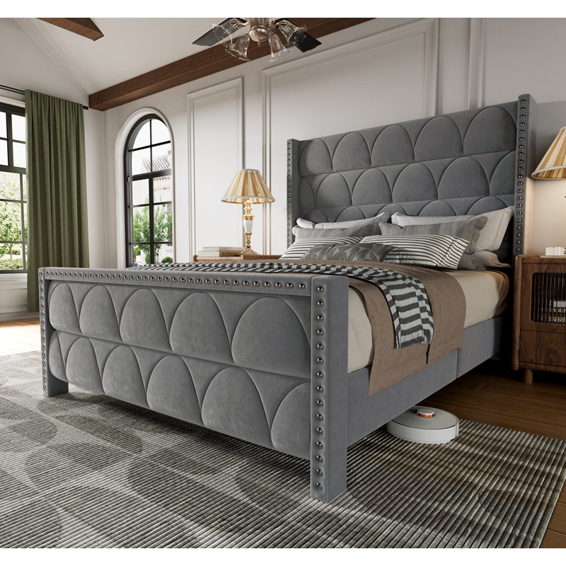(Frame only) 56\" Velvet Wingback Bed Frame
