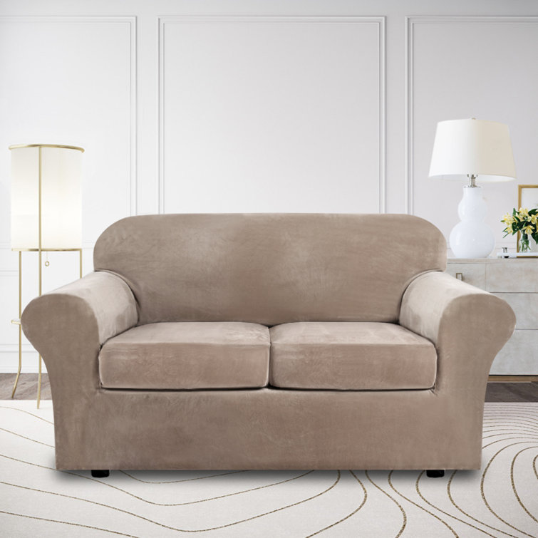 Soft Velvet Plush 3 Piece Stretch Loveseat Sofa Slipcover for 2 Cushion Couch