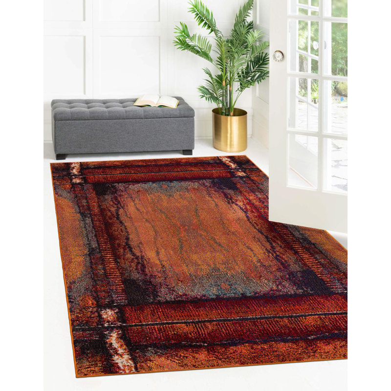 Fredela Orange Framed Polyester Digital Print Area Rug