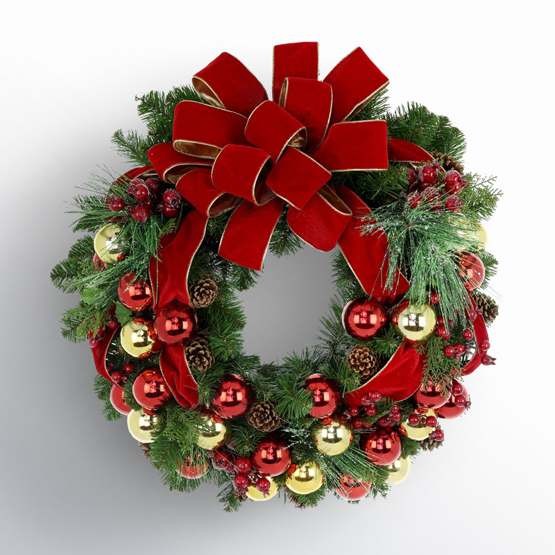 ( similar )Red and Gold Holiday Wreath with Ornaments and Pine Cones