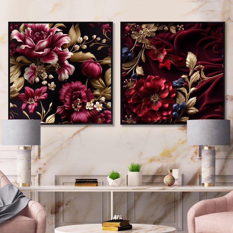 Regal Burgundy Flowers Majesty Elegance III - Abstract Square Collage Set Of 2 16" H x 33" W
