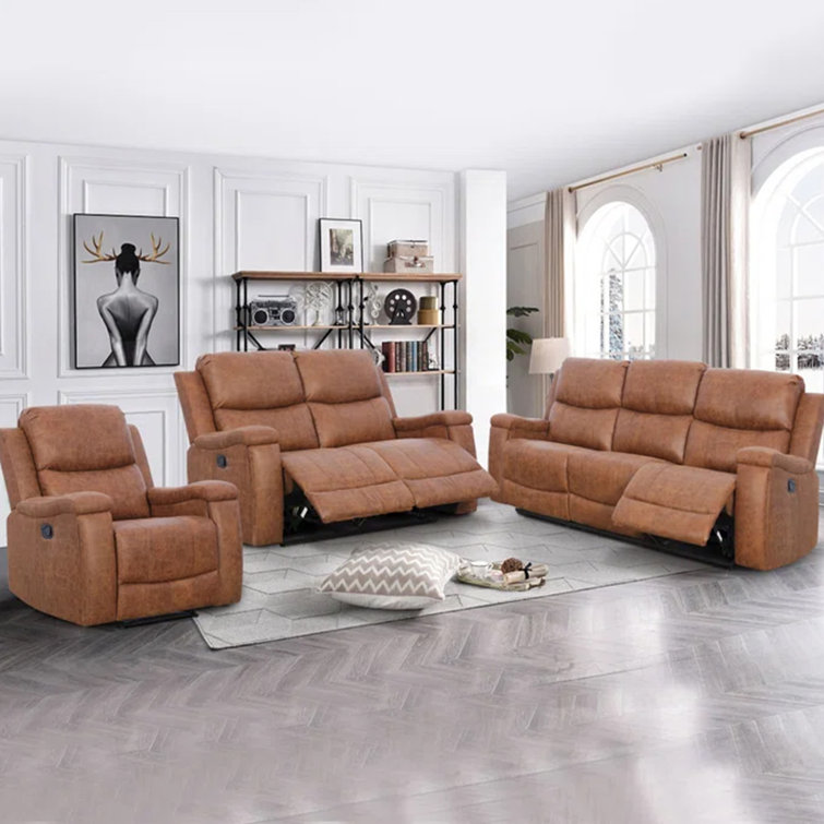 (One recliner) Ilkeston 3-Piece Vegan Leather Manual Reclining Living Room Set with Hidden Cupholder