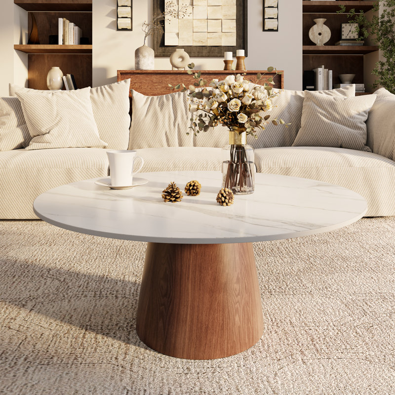 Mid-Century Modern Round Coffee Table Stone Marble Wooden Pedestal Table For Living Room & Home Decor