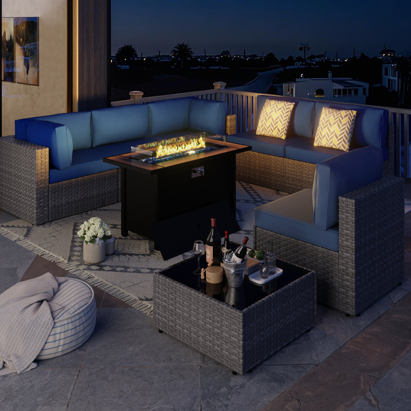 (Incomplete) Emanie 6 - Person Outdoor Rattan Furniture Patio Set with Fire Pit Table