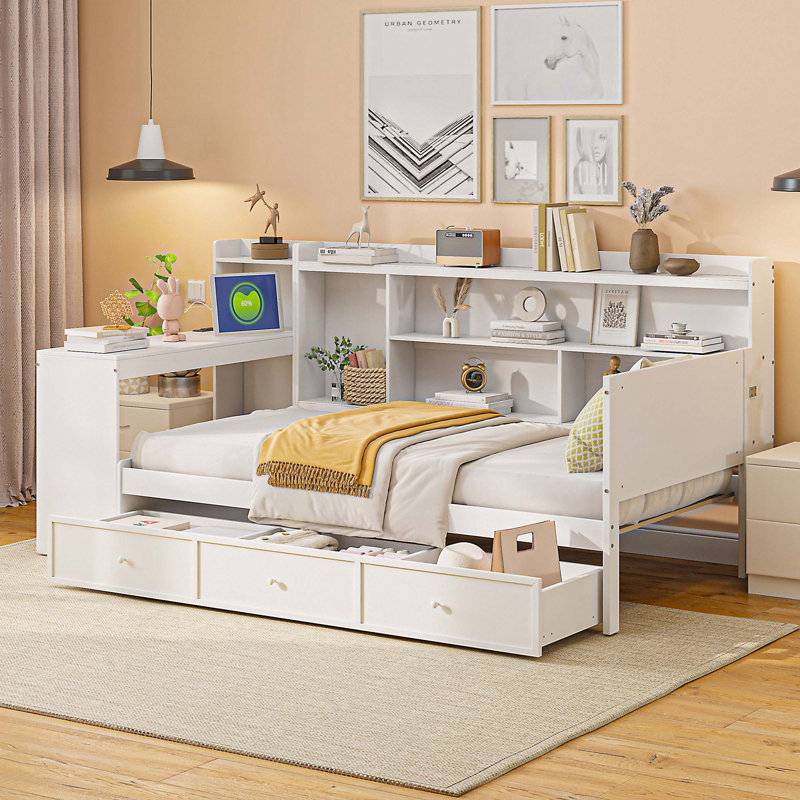 (Incomplete box 1 of 2) Wooden Daybed With 3 Drawers, USB Ports and desk