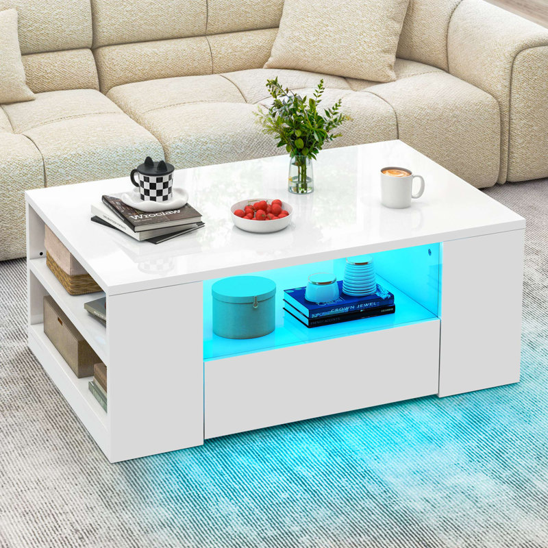 LED High-Gloss Finish Coffee Table With 2 Drawers Open Shelves Storage