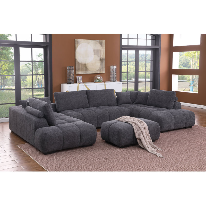(Incomplete ottoman only) Kreindy 143\" Wide 4 Piece Upholstered Chenille U-Sectional Double Chaise , Fluffy Deep Tufted Cushion