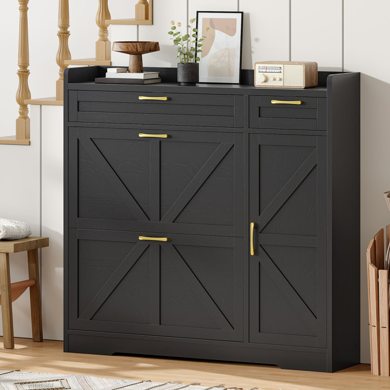 20 pair shoe storage cabinet with 2 flip drawers and adjustable shelves