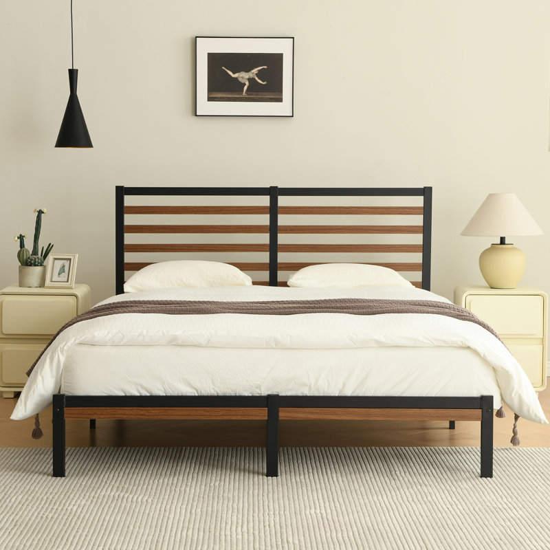Orv Metal Platform Bed with Middle Wooden Slat Headboard
