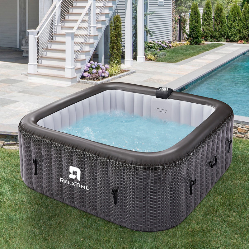 relxtime 4-6 person inflatable hot tub, portable air jet square spa outdoor heater blow up hottub built in heater pump, tub cover, 2 filter cartridge, 1 cup holder, black
