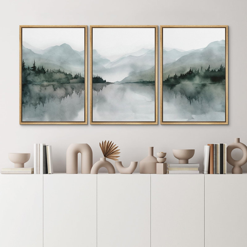 " Misty Mountain Lake Watercolor Serene Illustrations " 3 - Pieces on