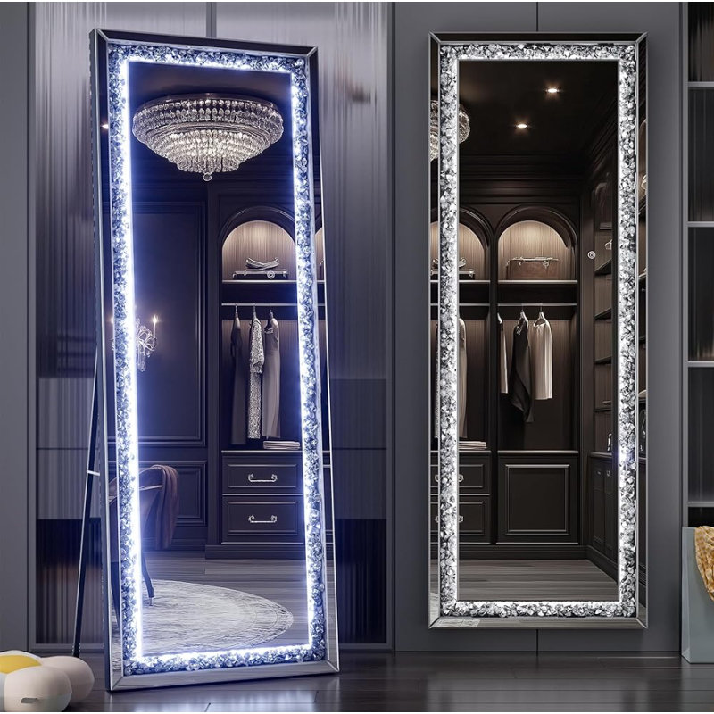 Full-Length Mirror with Lights and Crystal Crush Diamond, Wall Mounted Hanging Diamond Mirror Leaning for Living Room Bedroom