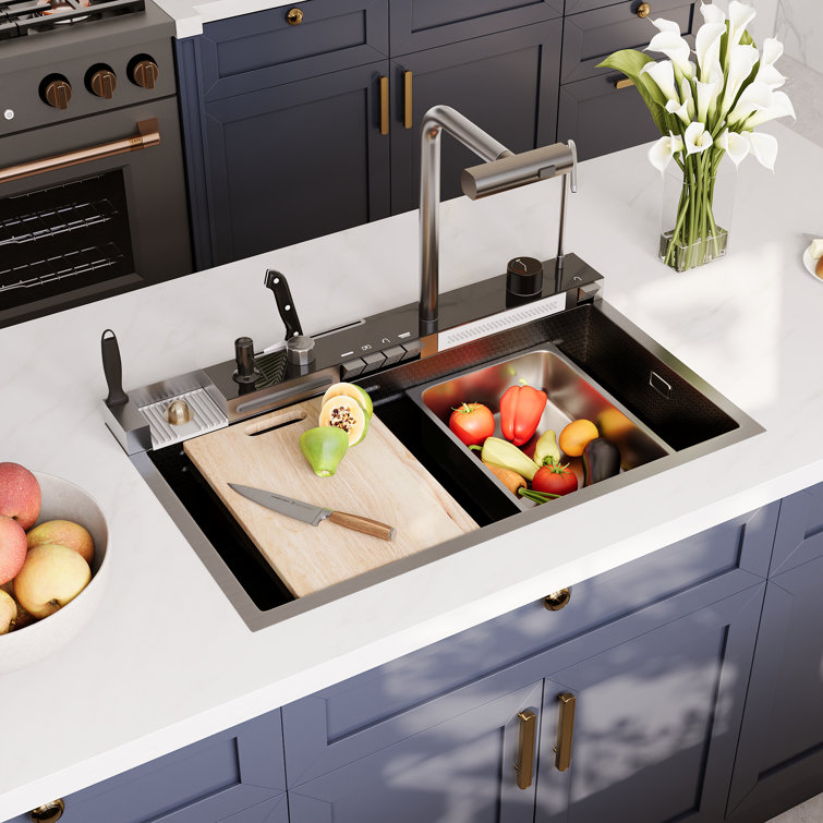 DV-1K0348 Deervalley 29.5" X 18" Smart Waterfall Kitchen Sink, Drop In Stainless Steel Digital Display Workstation Sink