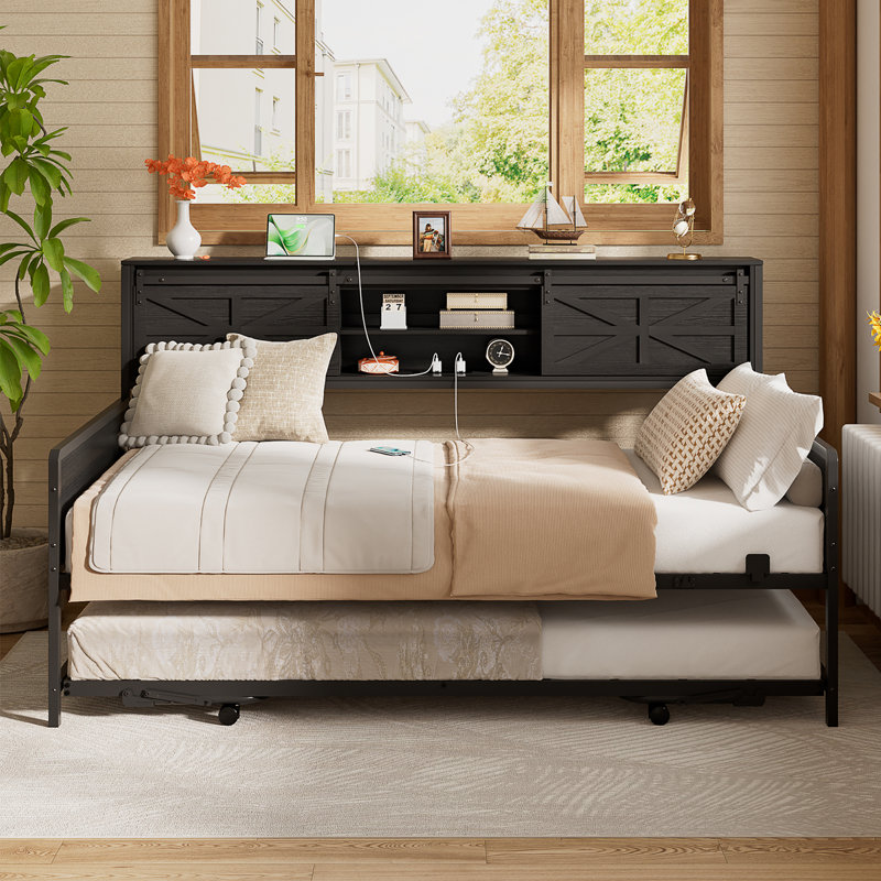 Barn Door Twin Daybeds With Pop Up Trundle With Charging Station, With Storage Headboards