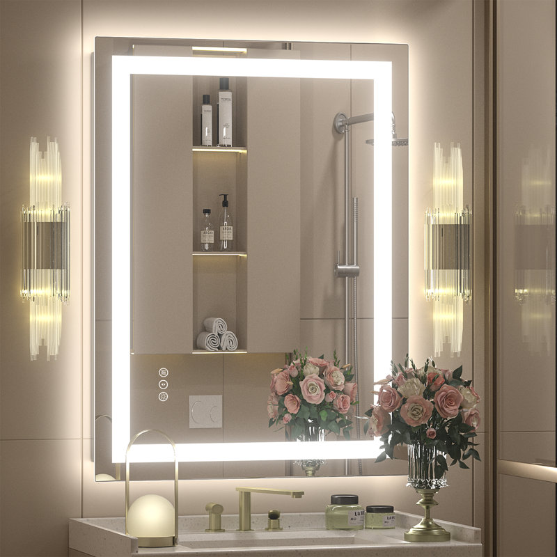aevar super bright front & back led lighted anti-fog tempered glass bathroom/vanity mirror with etl & 3-year warranty