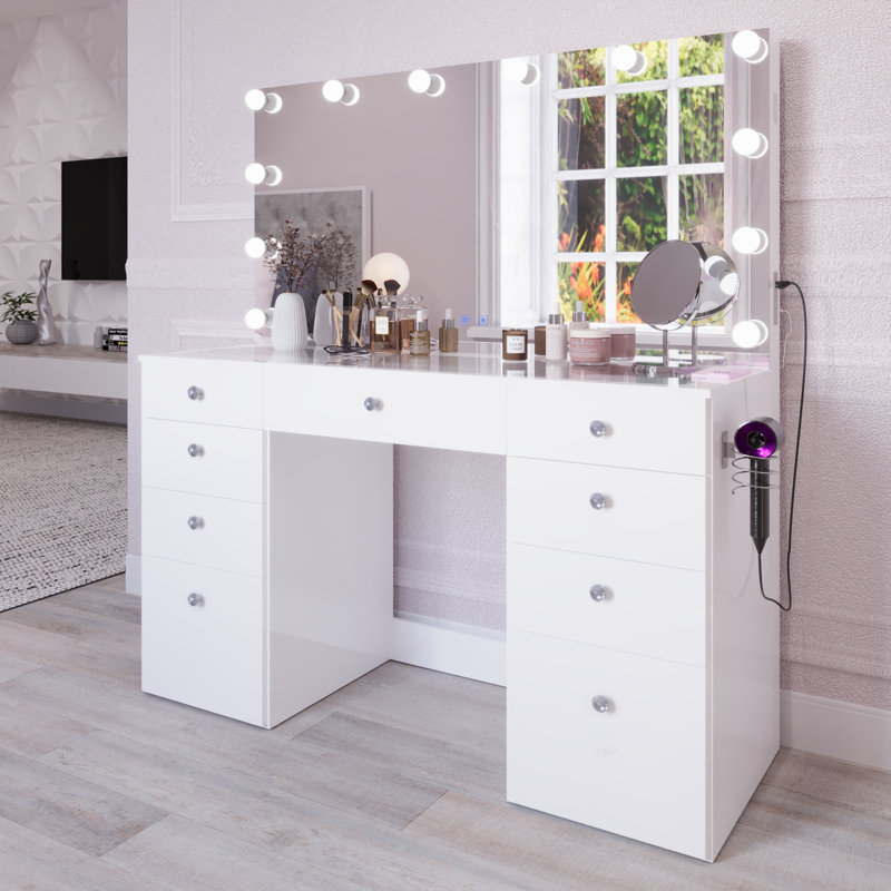 Incomplete Boahaus Leonore Extra-Large Makeup Vanity, LED Lighted Mirror, USB- C/USB Outlet, 9 Drawers and Glass Top