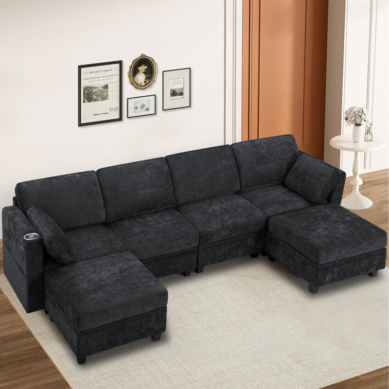(Incomplete)110\" U-Shape Sectional Sofa W/Adjustable Backrests, 6-Seat Modular Couch W/Ample Storage Space, Chenille Upholstered Sofa W/Usb Port & Cup Holders For Livingroom, Bedroom