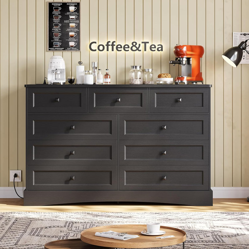 Bedroom Dresser With 9 Drawers, 51.2‘’ Long Dresser Tv Stand With Charging Station, Farmhouse Dresser Chest Of Drawers, Large Wood Storage Tower Organizer Dresser For Bedroom, Living Room