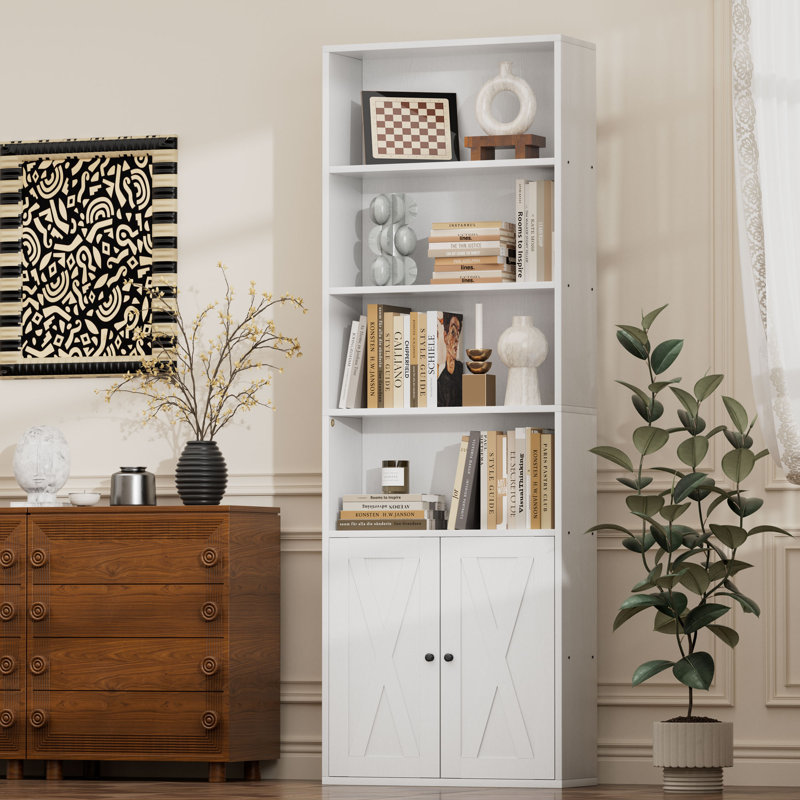 Aillee 70.9"H Open Storage Bookcase with Doors (Black)