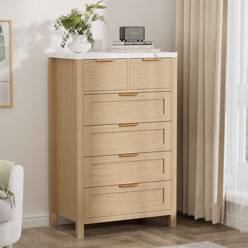 6-Drawer Dresser with White Faux Marble Top & Natural Wood Finish – Modern Storage Cabinet for Bedroom, Living Room, or Entryway