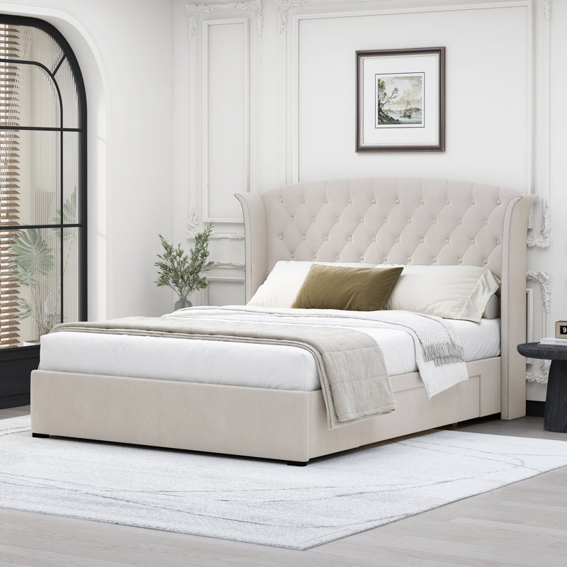 Similar,incomplet)Tanikia Bed Frame with Storage Drawers and Velvet Upholstered Wingback Headboard – Durable Platform Bed with Spacious Under-Bed Drawers, Metal Support, No Box Spring Needed