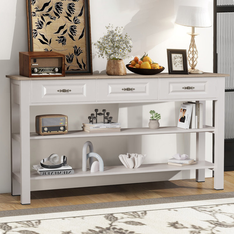 Elysian Retro 63" Wood Console Table With 3 Drawers And 2 Open Shelves