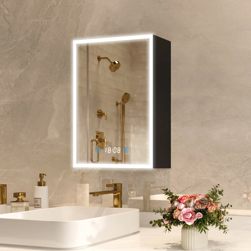 20 In. W X 28 In. H Black Rectangular Aluminum Dimmable Flowing Led Light Medicine Cabinet With Mirror
