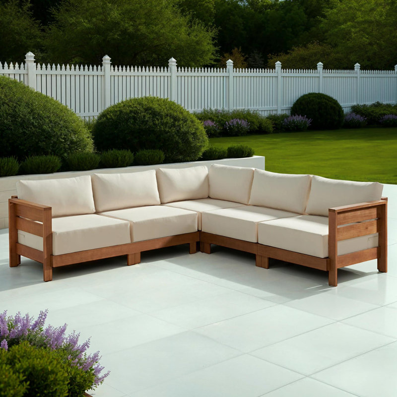 (Incomplete) Pomona 102" L-Shaped Outdoor Solid Wood Patio Sectional with Cream Weather and Fade Resistant Cushions