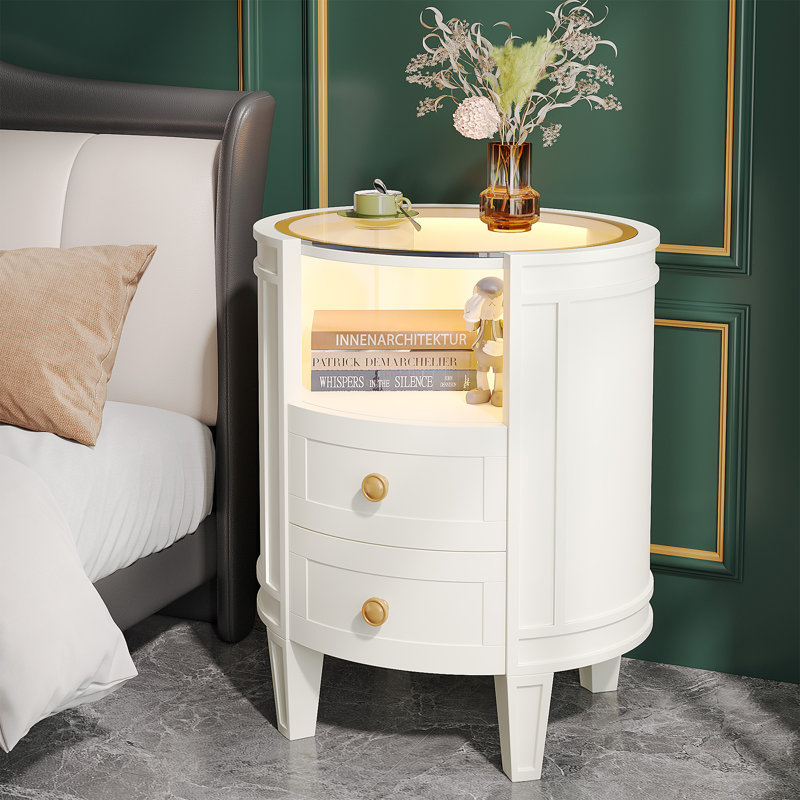 Kentshire Oval White Nightstand with LED and Glass Tabletop
