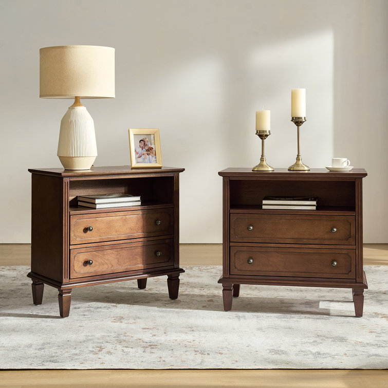 Amberlyn 27.2'' H Traditional 2-Drawer Nightstand with Built-In Outlets and Solid Wood Legs and Open Shelve (Set of 2)