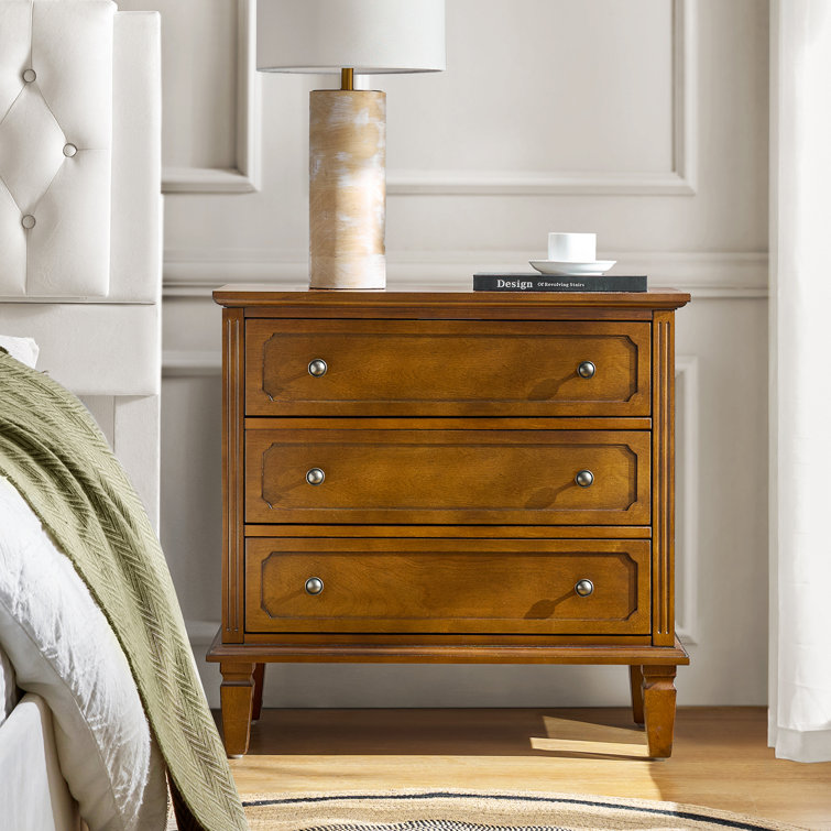 Gurinder 28.3'' W Transitional 3-Drawer Nightstand with Built-In Outlet and Solid Wood Legs