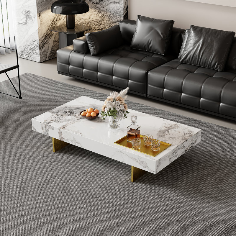 51" Modern Rectangular Coffee Table, Glossy Faux Marble Table top, Stainless Steel Legs
