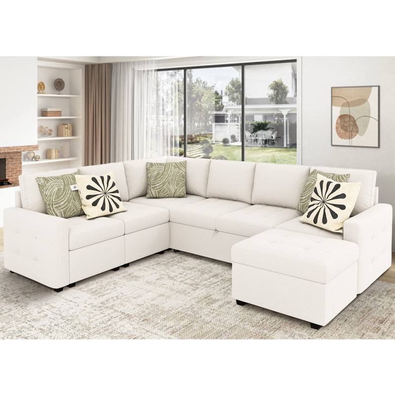 (Incomplete) 7-Piece U-Shaped Sectional Sofa Bed Pull Out Sleeper Couch With Storage Ottoman