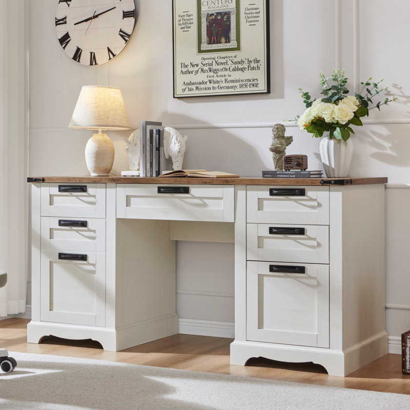 Deserey 60" Farmhouse Executive Desk With Drawers,Wood Home Office Desk With Charging Station
