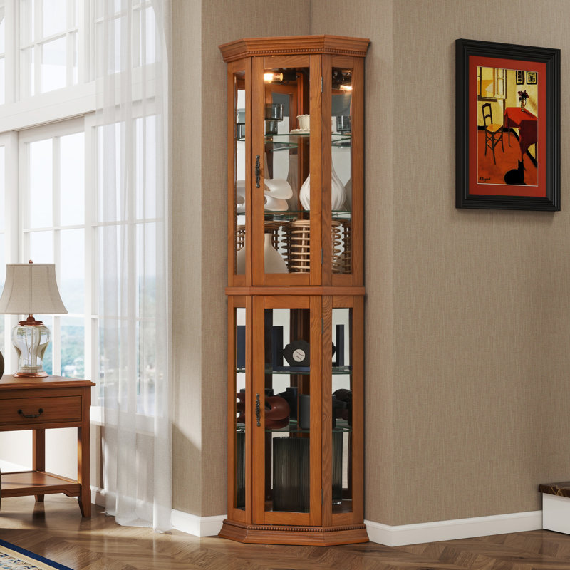 Corner Curio Cabinet with Lights, Adjustable Tempered Glass Shelves, Mirrored Back, Display Cabinet (E26 light bulb not included)