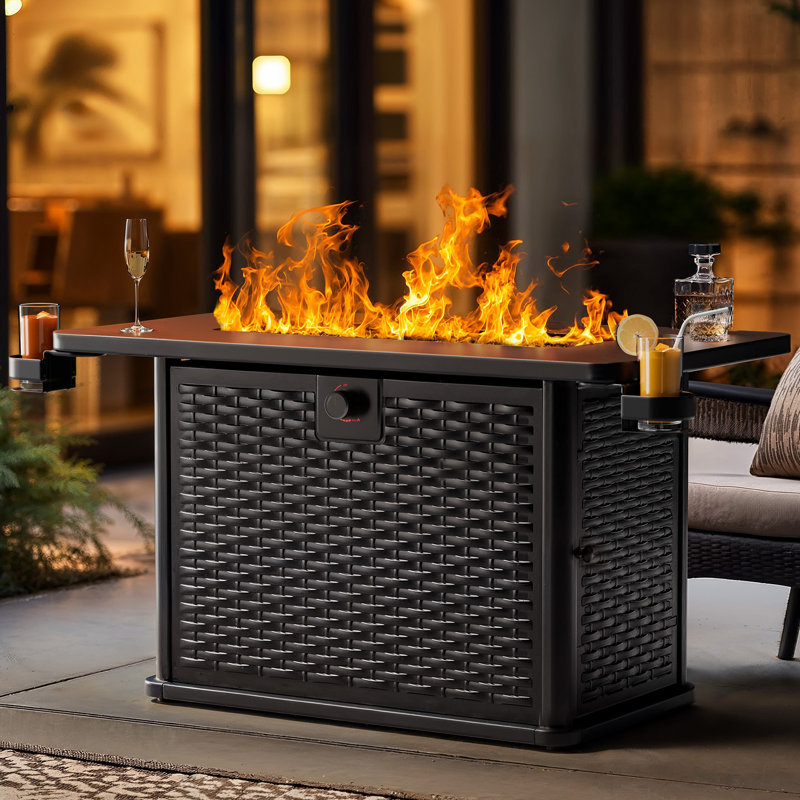 43" Fire Pit Table Propane Outdoor Fireplace with Lava Rocks, Rain Cover ,Removable Lid, 2 Cup Holders,for Patio Garden with 60,000 BTU Output