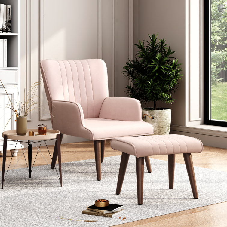 similar to stock photo not complete / velvet upholstered lounge chair and ottoman with wooden legs