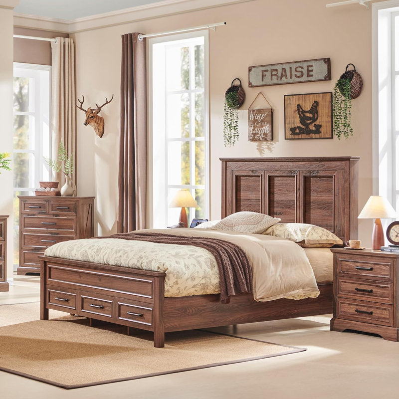 Incomplete Robincroft Farmhouse Bed Frame With 52\" Headboard Wood Platform Bedframe With Storage Drawers