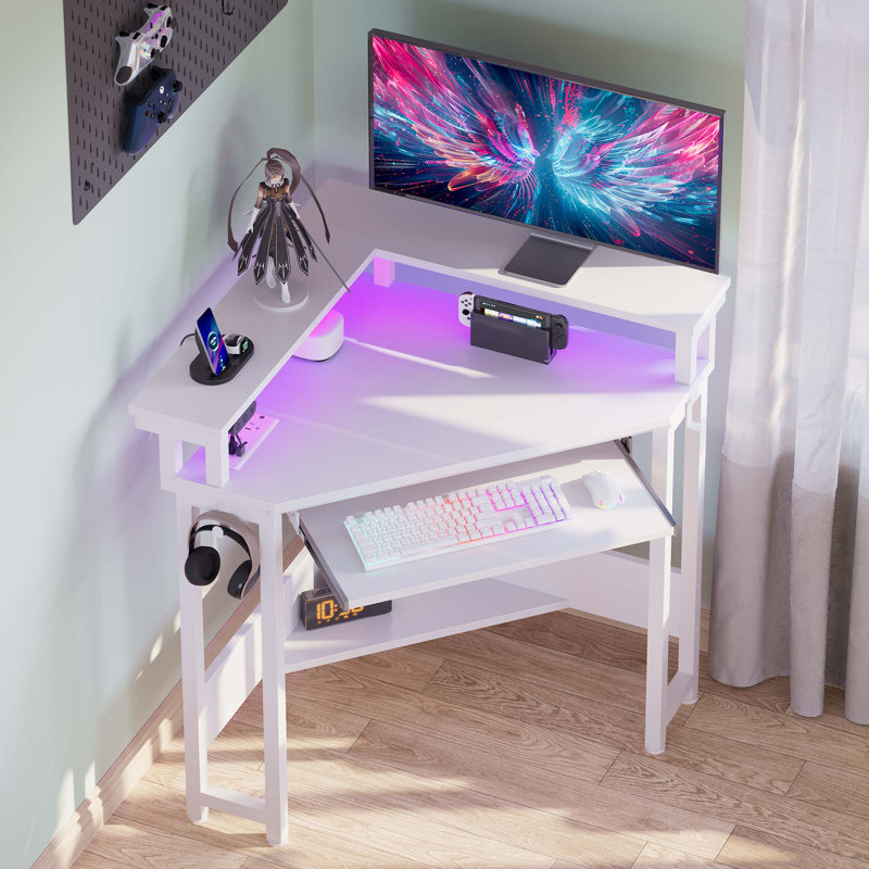 Loferski Corner Desk with Power Outlets & LED Lights, Triangle Corner Desk with Monitor Stand & Keyboard Tray for Small Space incomplete