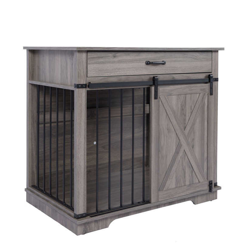 Incomplete 37.8''W Modern Dog Crate Furniture With Drawer And Sliding Door