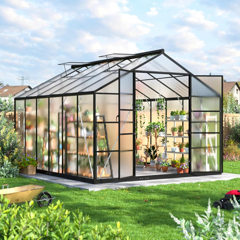10 ft. W x 12 ft. D Greenhouse for Outdoors, with Quick Setup Structure and Roof Vent, Black