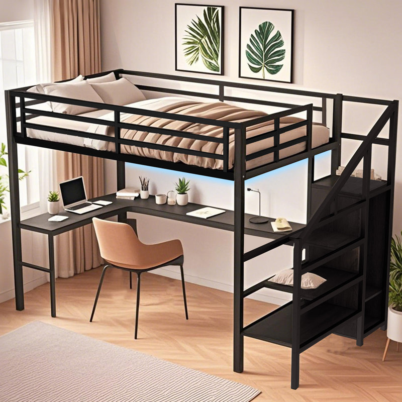 Ambree Kids Bed Metal Loft Bed With Desk, USB ,LED,Wardrobe And Adjustable Shelf