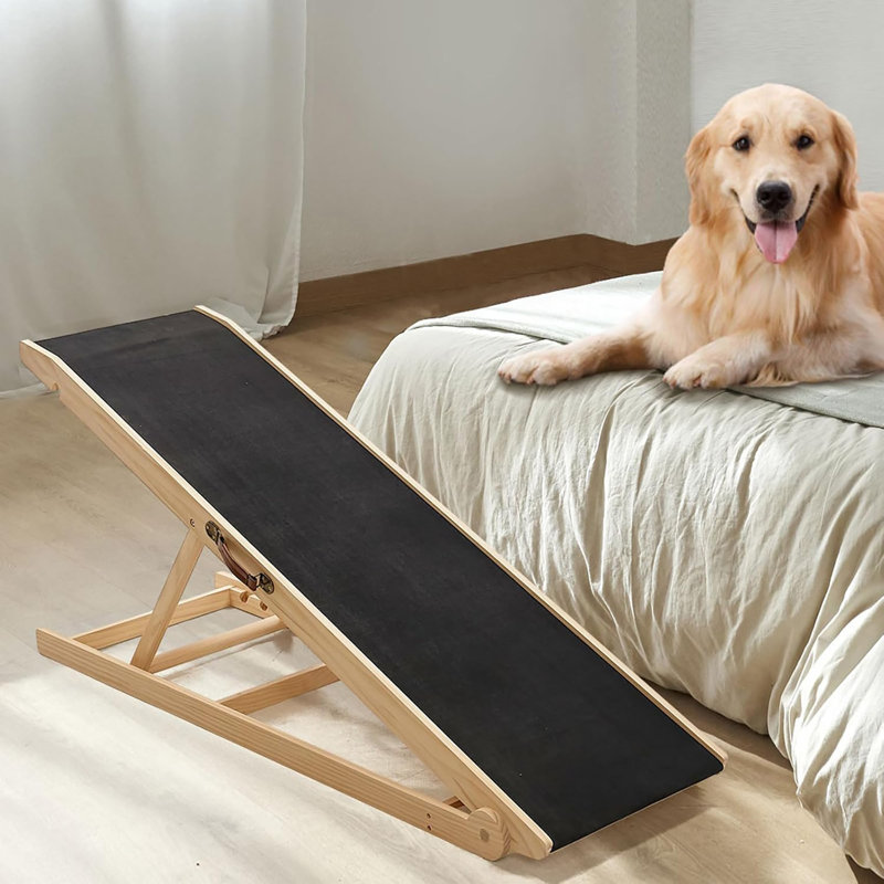 Folding Wooden Dog Ramp Extra Long For High Bed, 5 Level Adjustable Pet Ramp, Non-slip Rubber Mat