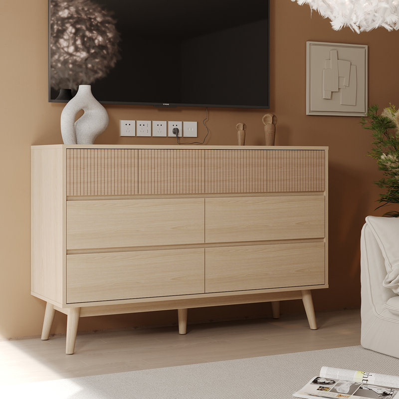 Natural Wood 8-Drawer Dresser - Striped Surface & Pull-Free Drawers