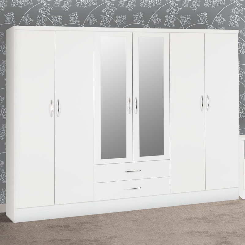 Gaytes Armoire 72.12'' H 90.7'' W with 6 Doors Wardrobe High Gloss Finish 2 Mirrors 2 Storage Drawers