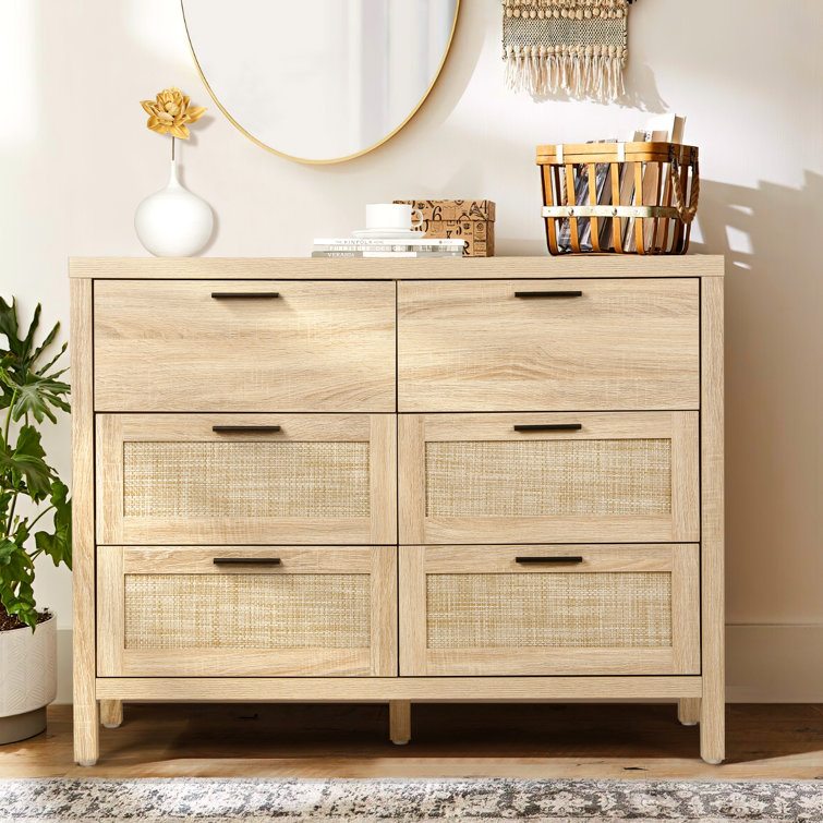 Rattan 6 Drawer Double Dresser for Bedroom, Chest of Dressers, Natural