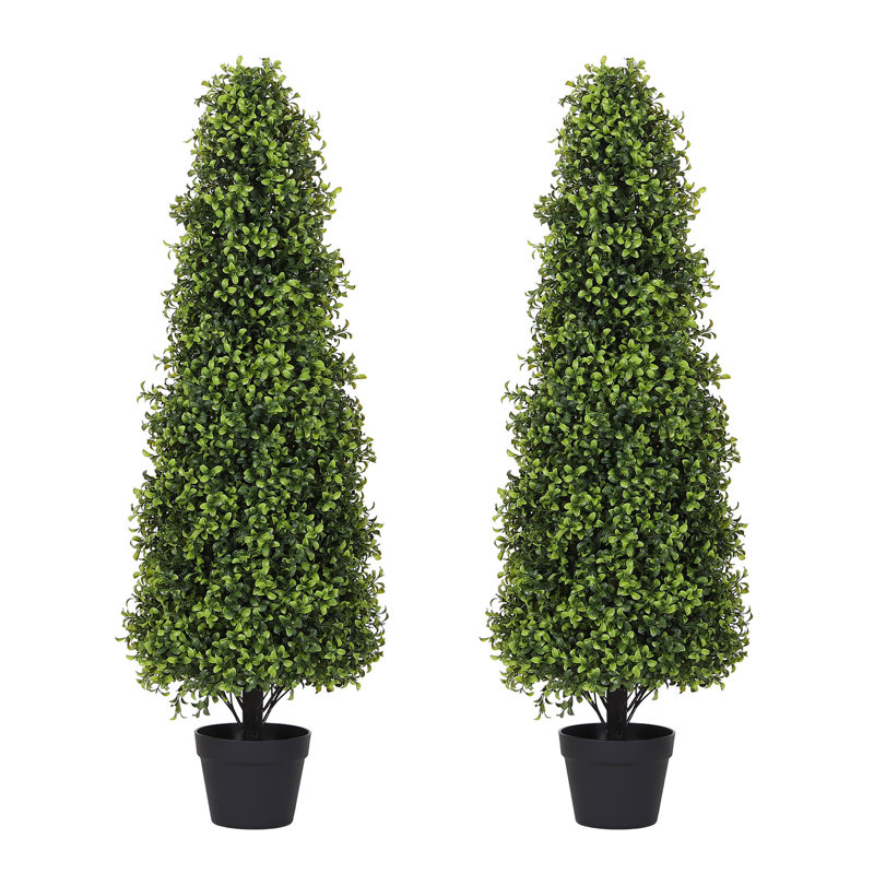 Artificial Topiary Boxwood Tree, Faux Shrub in Black Plastic Pot (Set of 2)
