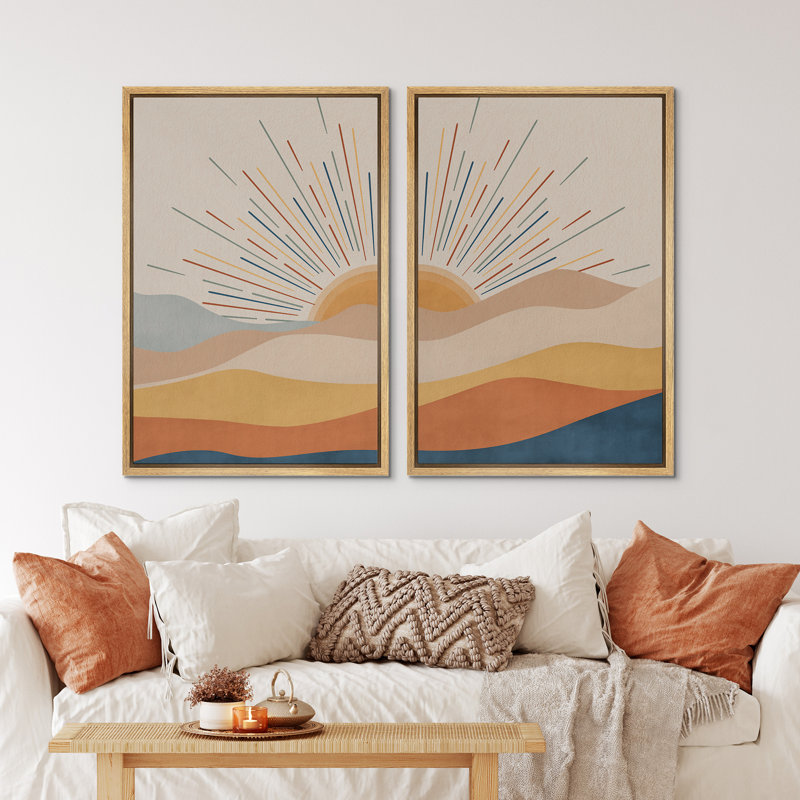 incomplete missing one picture art Sun And Moon Western Desert Sunrise Mid Century Modern Framed Canvas 2 Piece Painting Print Wall Art